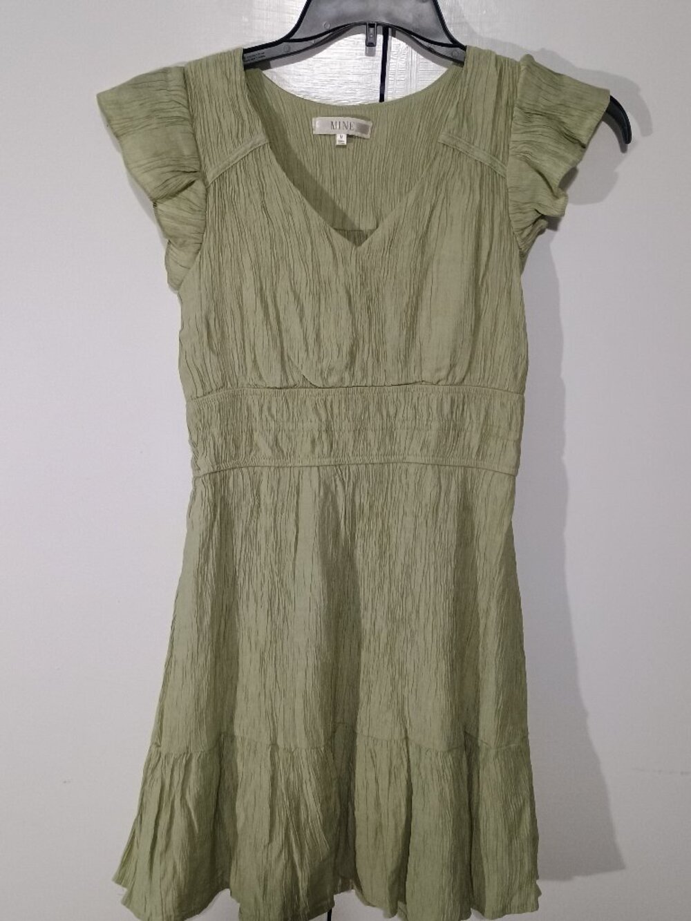 MINE Sage Green Crinkle Ruffle Sleeve Shirred Waist Mini Dress M - Picture 2 of 11
